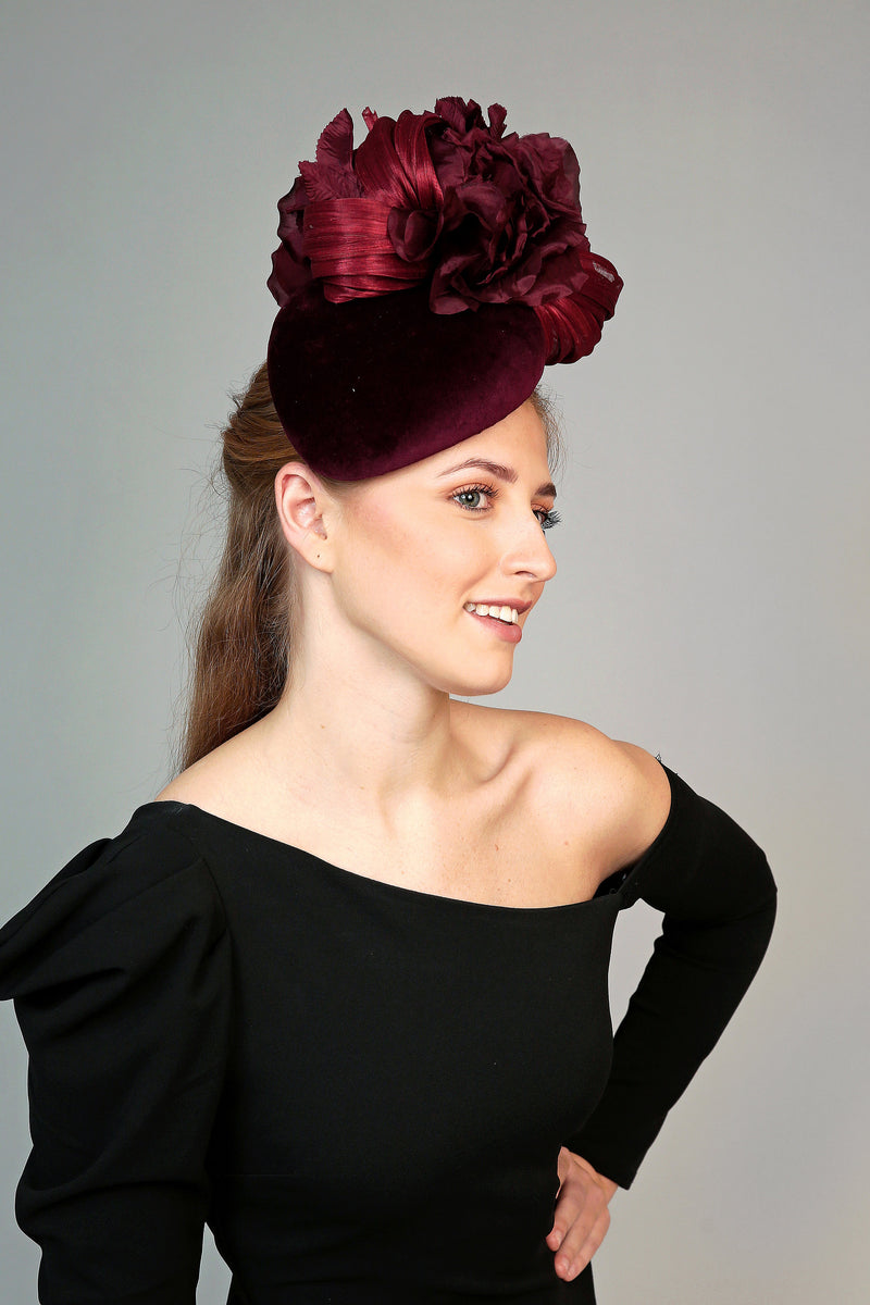 burgundy velvet teardrop fascinator hat winter weddings flower and silk abaca loops Georgina Blyth Millinery