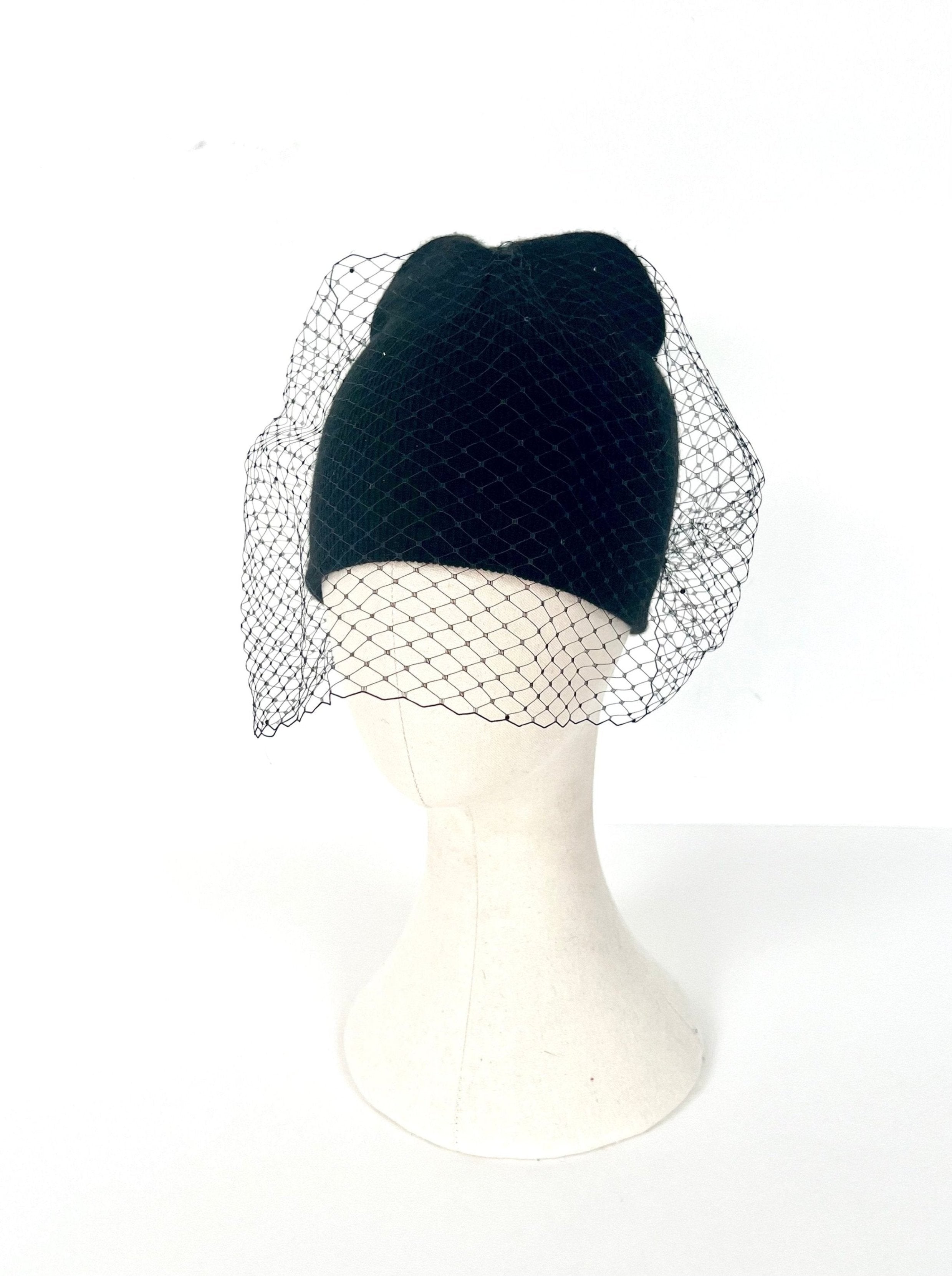 Black Knitted Beanie with Veil Netting Georgina Blyth Millinery