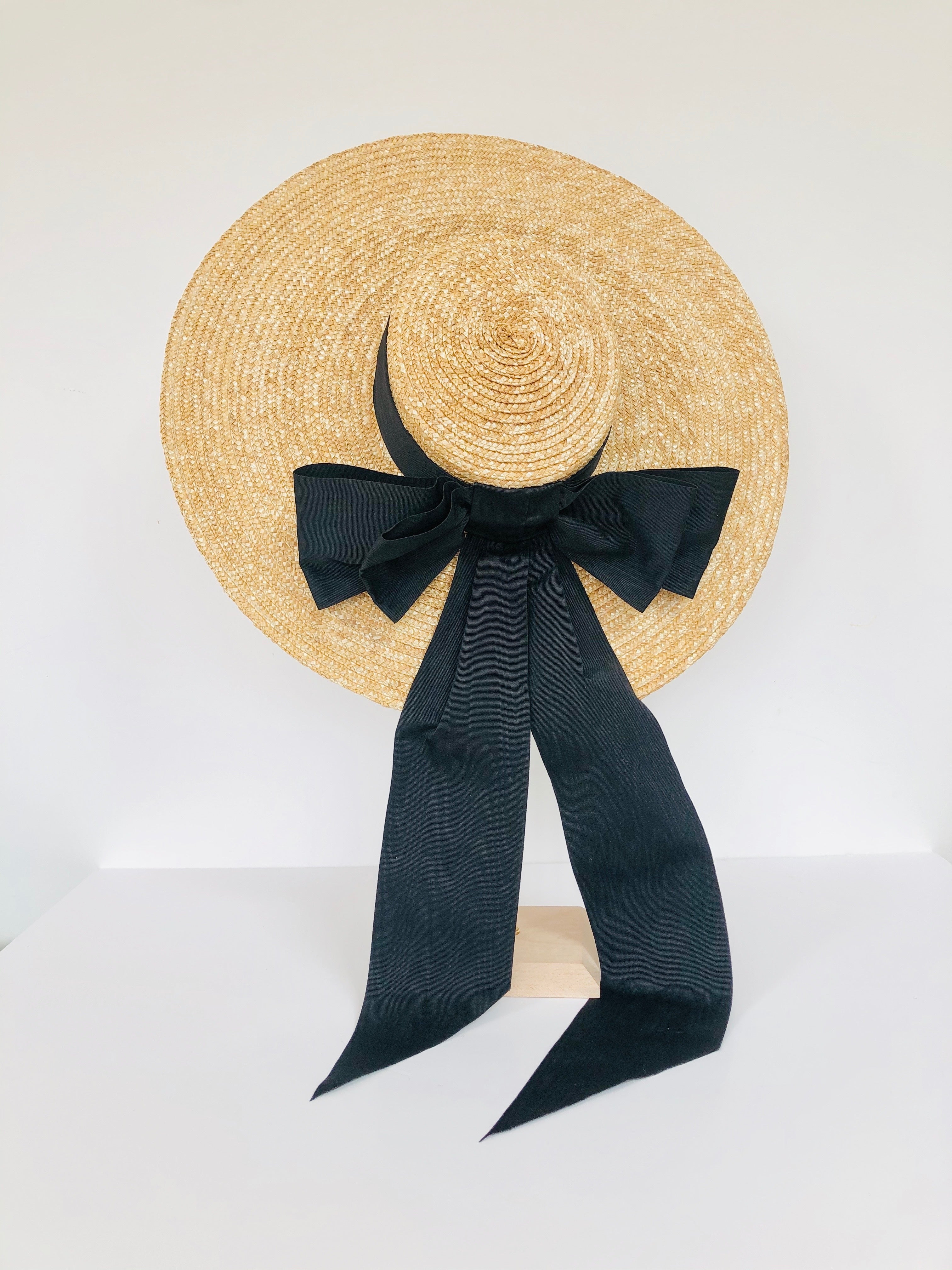 oversized natural straw extra large boater hat with black ribbon bow –  Georgina Blyth Millinery