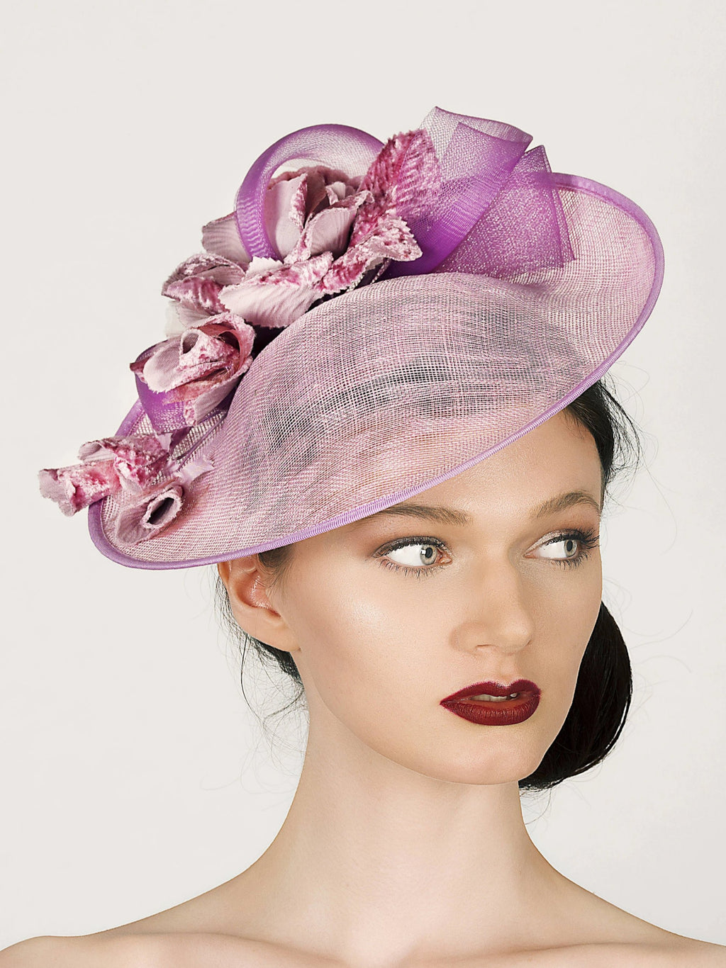 heather pink small disc saucer fascinator wedding hat, with heather crin and velvet rose flowers