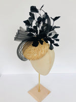 natural straw pillbox fascinator with black feather spray, pleated crin and quill